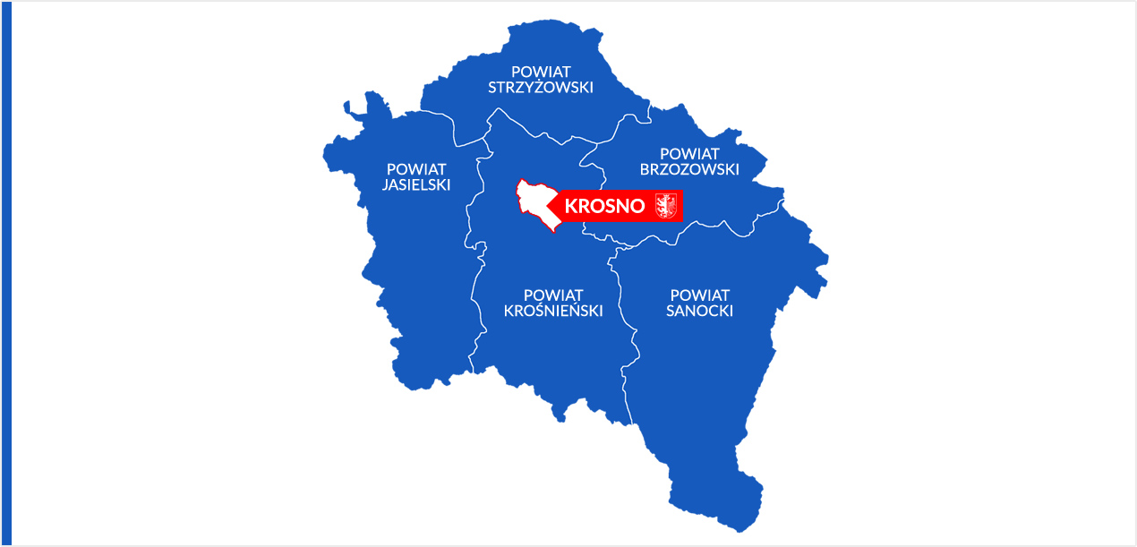 Mapa z lokalizacją Krosna i sąsiednich powiatów