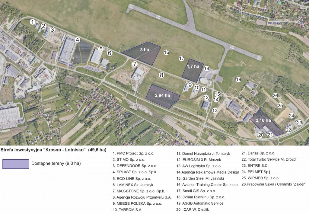Mapa przedstawia stan zainwestowania Strefy Inwestycyjnej "Krosno - Lotnisko"